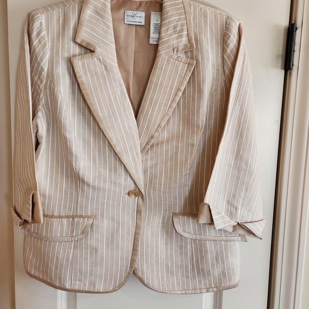 Beige and White Women's Pinstripe Blazer Jacket